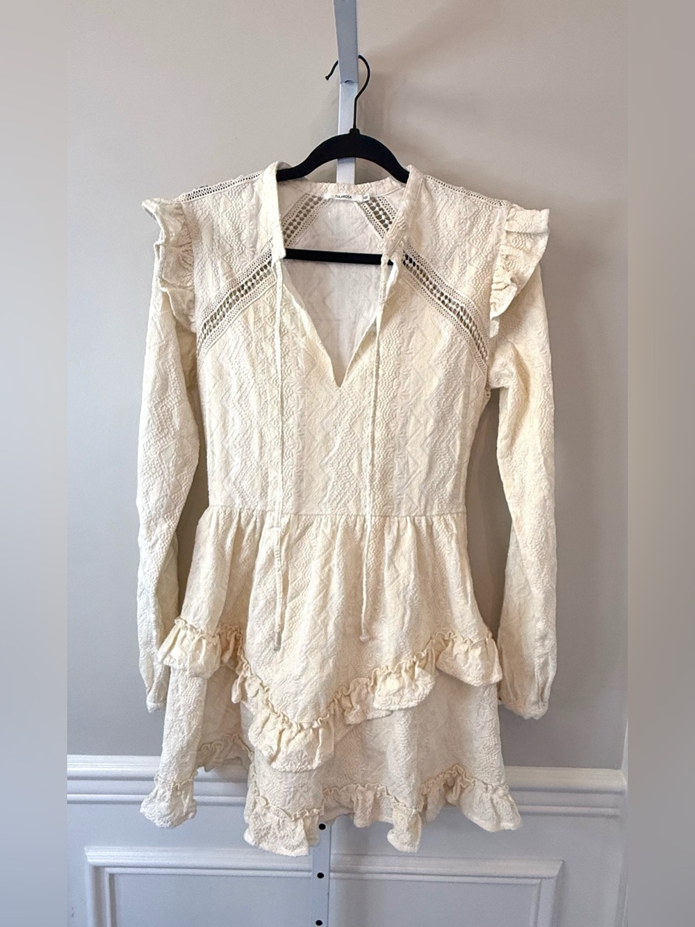 Tularosa Cream Crochet Mini Dress Ruffle Boho Long Sleeve Lace Size S